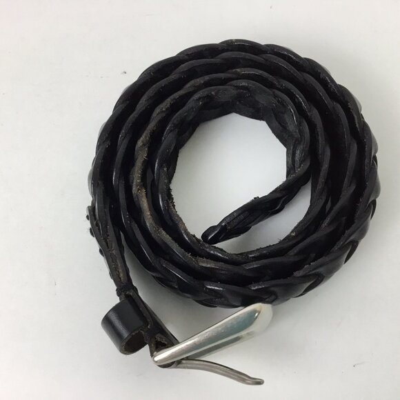 Mens Black Leather Woven Belt Size 42 Solid Brass Buckle Braided New NWOT - Picture 2 of 6